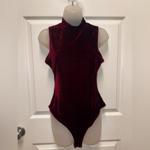 Chic Velvet High-Neck Bodysuit - Deep Burgundy - Picture 1 of 3